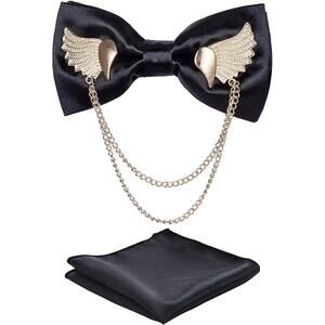 8773 Solid Bow Tie Metal Golden Wing Bowties Hanky Set Tuxedo Banquet Neck